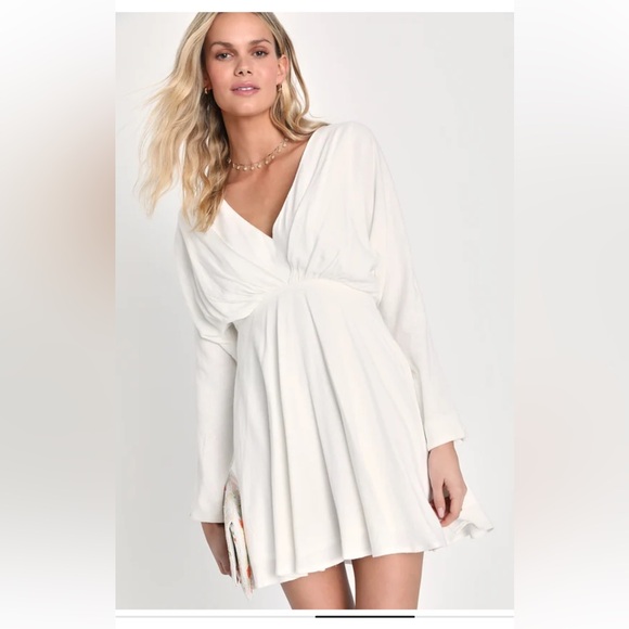 Lulu’s Sunday Sweetness White Linen Dolman Sleeve Mini Dress - Picture 2 of 12